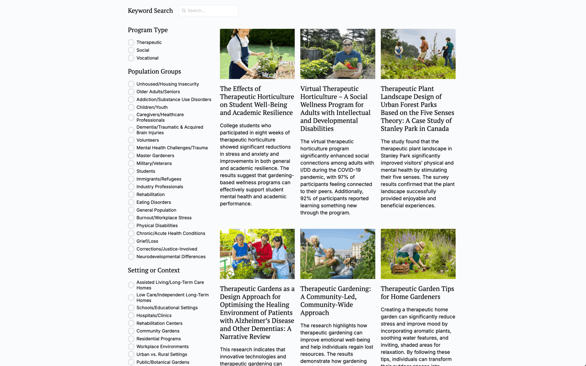 Therapeutic Horticulture Research Database